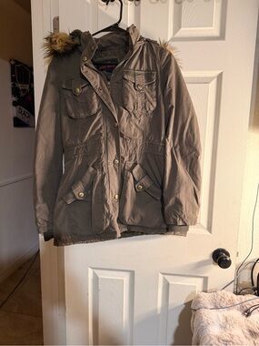 Miss Sixty M60 Khaki Cargo Parka Jacket Faux Fur Hood Y2K